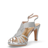 Sandalo con tacco in tessuto argento | Boscaini Scarpe