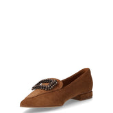 Mocassino a punta in tessuto con fibbia strass cognac | Boscaini Scarpe
