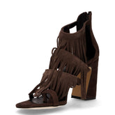 Sandalo con tacco in tessuto con frange moro | Boscaini Scarpe