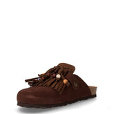 Sara ciabatta in pelle scamosciata con frange e perline terra | Boscaini Scarpe