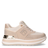 Sneaker in tessuto ed ecopelle con strass e zeppa beige | Boscaini Scarpe