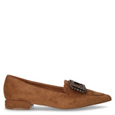 Mocassino a punta in tessuto con fibbia strass cognac | Boscaini Scarpe