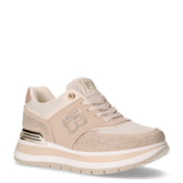 Sneaker in tessuto ed ecopelle con strass e zeppa beige | Boscaini Scarpe