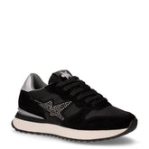 Stargirl Strass Logo sneaker in tessuto e pelle con strass nero argento | Boscaini Scarpe