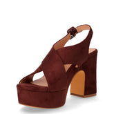 Sandalo con tacco in ecopelle e tessuto marrone scuro | Boscaini Scarpe