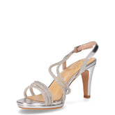 Sandalo in ecopelle e tessuto con tacco argento | Boscaini Scarpe