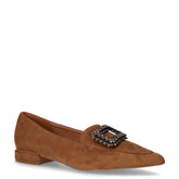 Mocassino a punta in tessuto con fibbia strass cognac | Boscaini Scarpe