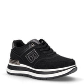 Sneaker in tessuto ed ecopelle con strass e zeppa nero | Boscaini Scarpe