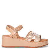 Sandalo in tessuto ed ecopelle con strass beige kaki | Boscaini Scarpe