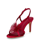 Sandalo in tessuto satinato con tacco fucsia | Boscaini Scarpe