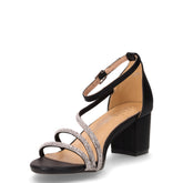 Sandalo in ecopelle con tacco e strass nero argento | Boscaini Scarpe